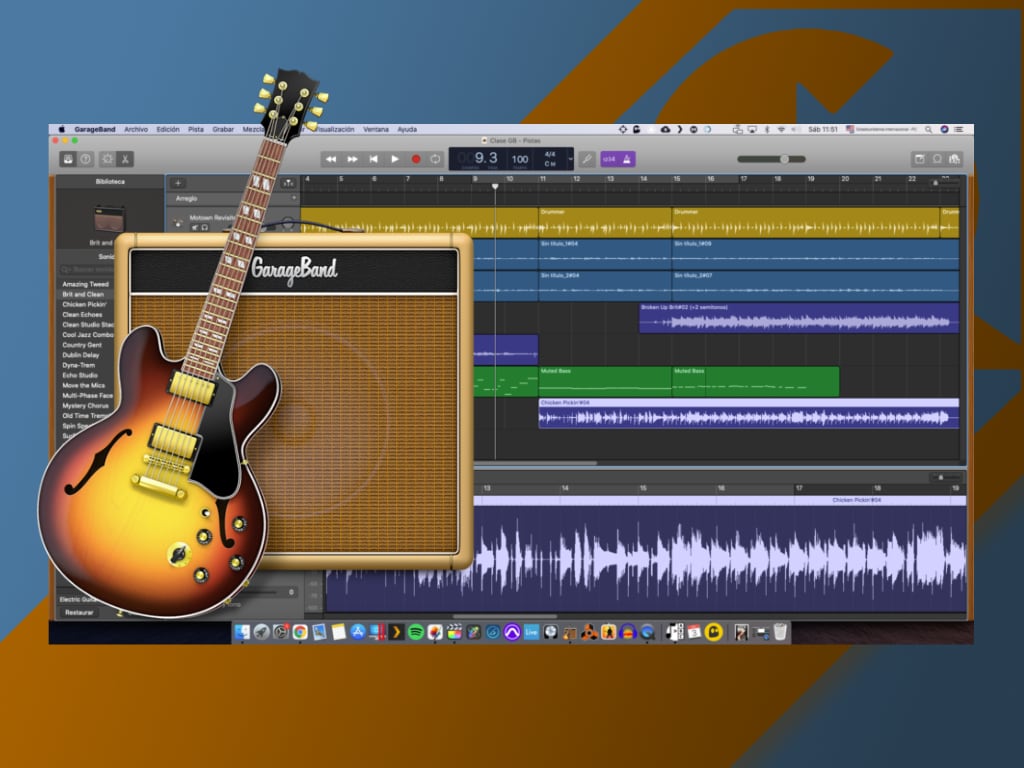 Las ventanas contadores y trasporte de Garageband